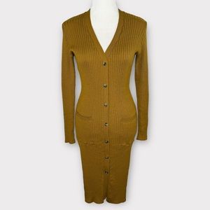 Forever 21 mustard yellow long cardigan dress S bodycon button down v-neck EUC